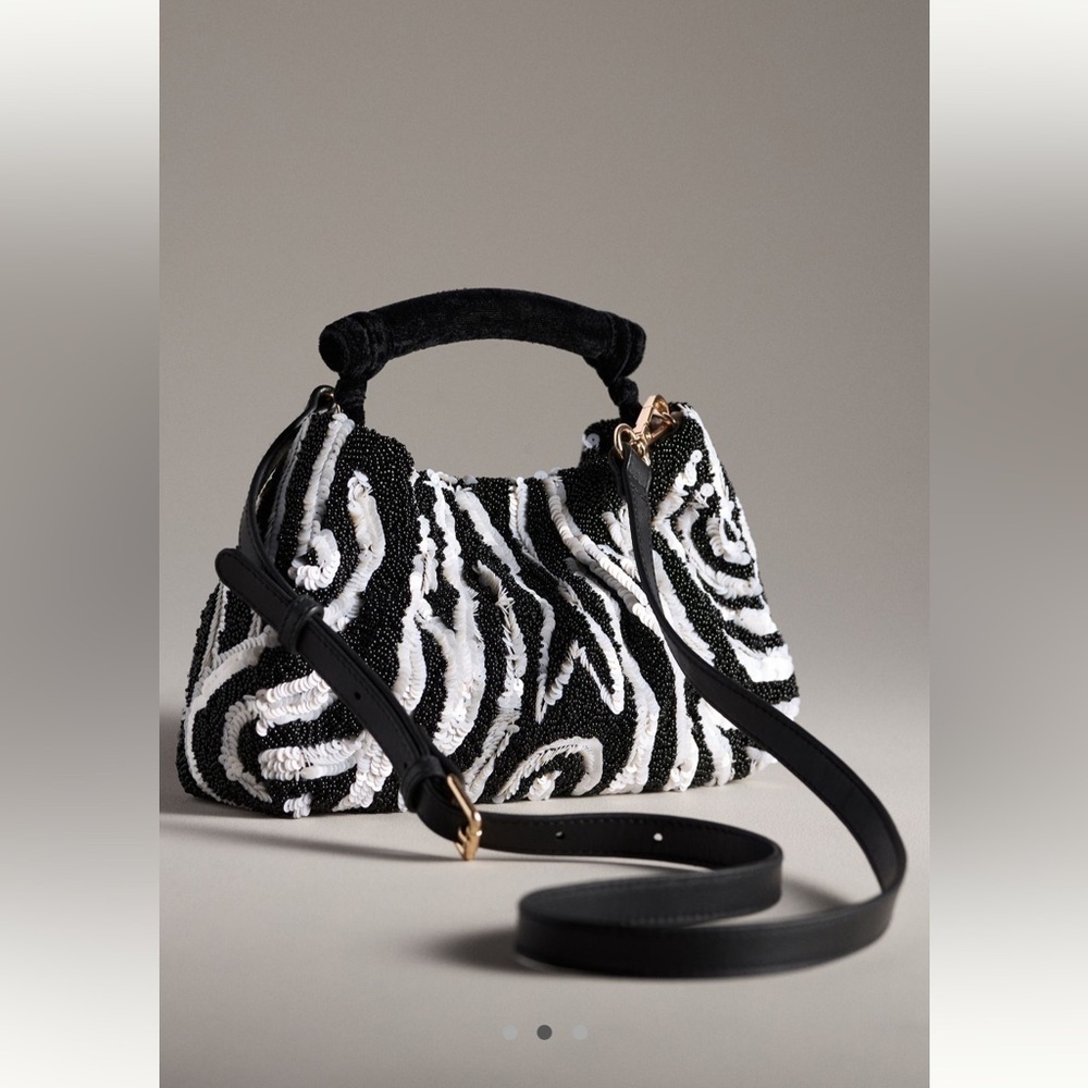 New Anthropologie Sequin Beaded Animal Clutch Crossbody Bag Black White Zebra